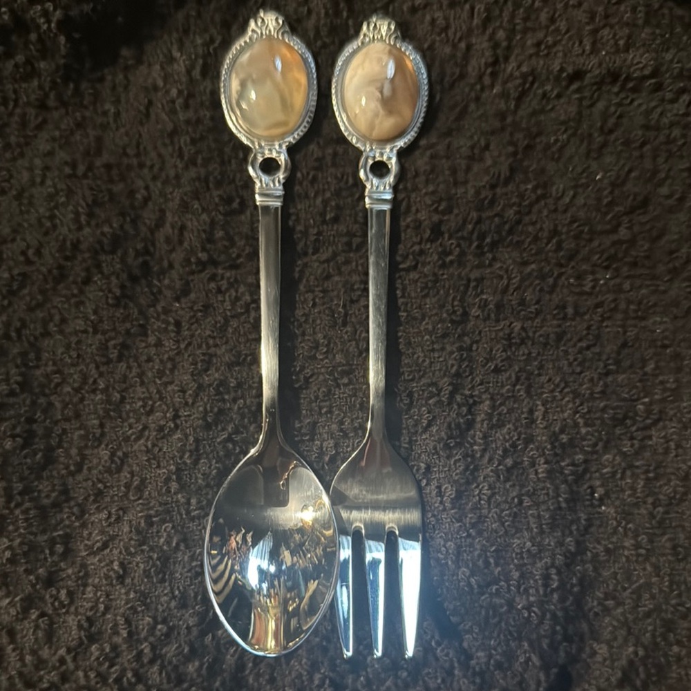 Elegant Silver Small Spoon and Fork Set With flower agate stone shape